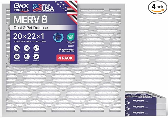 BNX TruFilter 20x22x1 Air Filter MERV 8 (4-Pack) - MADE IN USA – Dust & Pet Defense Electrostatic Pleated Air Conditioner HVAC AC Furnace Filters for Dust, Pet, Mold, Pollen MPR 600 – 700 & FPR 5