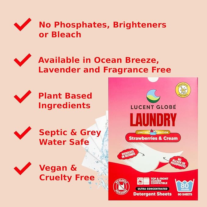Lucent Globe Laundry Detergent Sheets. Pre-Measured Laundry Sheets. Powerful Stain Removal. Works in All Clothes Washers. (1 Pack - 80 Washes, Strawberries & Cream)