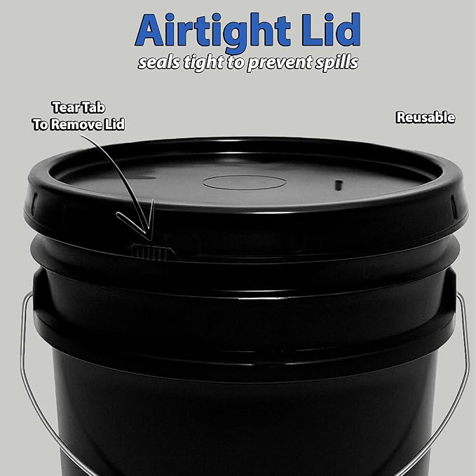5-Gallon Bucket with Airtight Lid – Heavy-Duty Extra Durable Pail – Made in USA – Premium Quality HDPE – Food Grade – BPA Free – Metal Handle with Plastic Grip – Stackable – Multi-Use – Black, 1 Pack