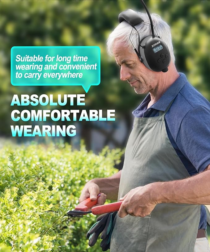 ZOHAN EM042 AM/FM Radio Headphone with Digital Display,Ear Protection Noise Reduction Safety Ear Muffs,Ultra Comfortable Hearing Protector for Lawn Mowing and Landscaping - Grey