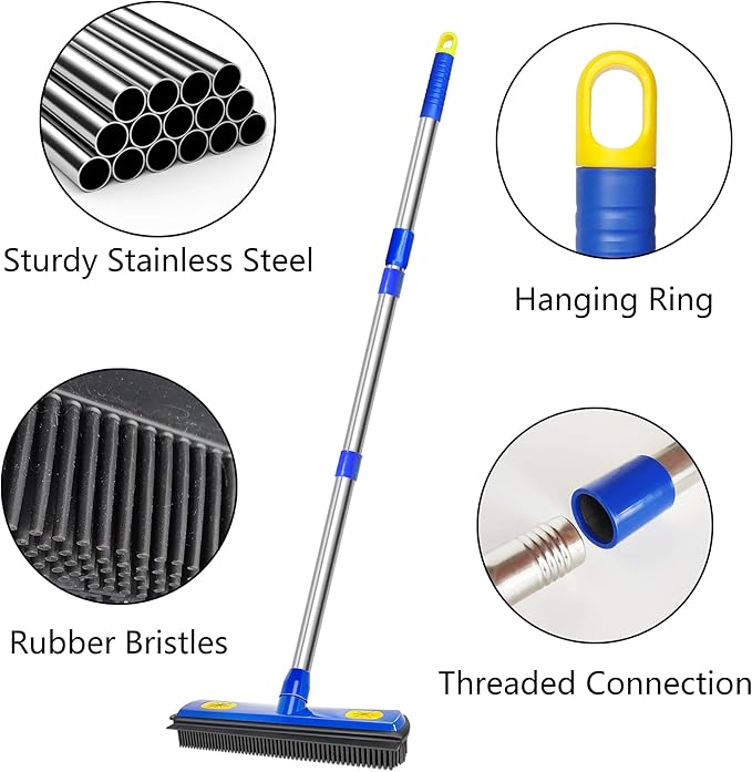 Pet Hair Removal Broom - with 58" Telescopic Handle Broom with Squeegee - Fur Hair Remover Tool for Carpet Rugs, Mats. Hardwood, Tile, Window