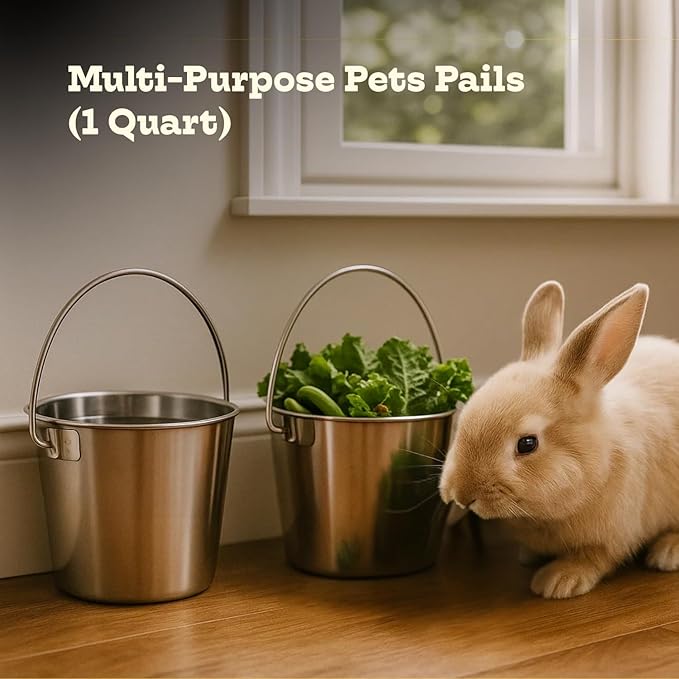 1 Quart Heavy Duty Stainless Steel Round Bucket with Handle | Fits kennel Cage Critter Crates Farm | Food & Water Pail for Small Pets Birds Dog Cat | Livestock Multipurpose use, Pack of 2