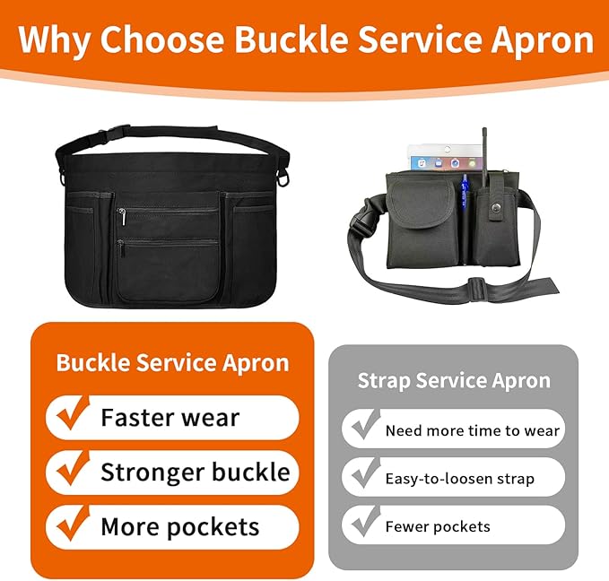 Professional Cleaning Apron with 7 Pockets and Adjustable Waist Belt, Bartender, Chef, Waiter - Women & Men, Restaurants, Cafes, Bars, Black