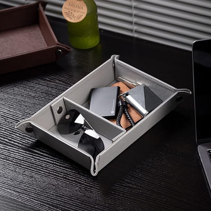 BONNY DODO Valet Tray for Men PU Leather Tray Organizer with Partition, Storage Keys, Watch & Practical Storage for Table Nightstand Living Room Bedroom (Gray)