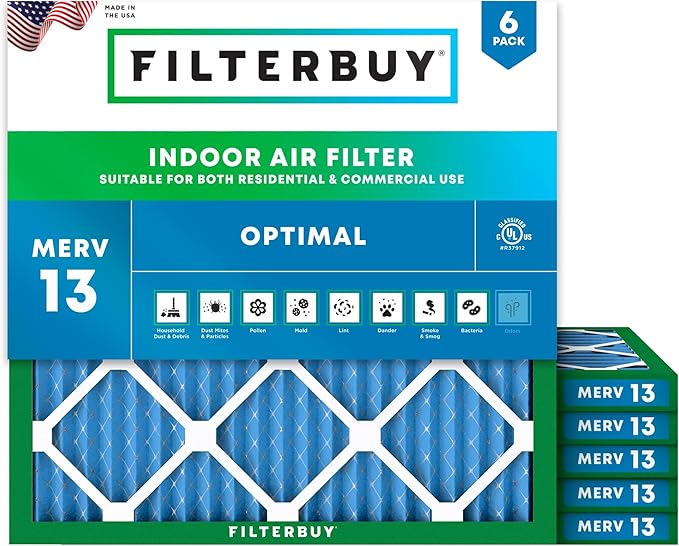 Filterbuy 25x25x1 Air Filter MERV 13 Optimal Smoke & Allergy Defense (6-Pack), Electrostatic Pleated HVAC AC Furnace Filters Replacement, Made in USA (Actual Size: 24.50 x 24.50 x 0.75)