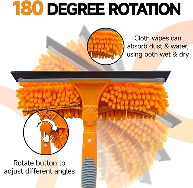 152" Squeegee Window Cleaner 2 in 1 Rotatable Window Cleaning Tool Kit with Extension Pole, Window Washing Equipment with Bendable Head for Indoor/Outdoor Window and Car Glass