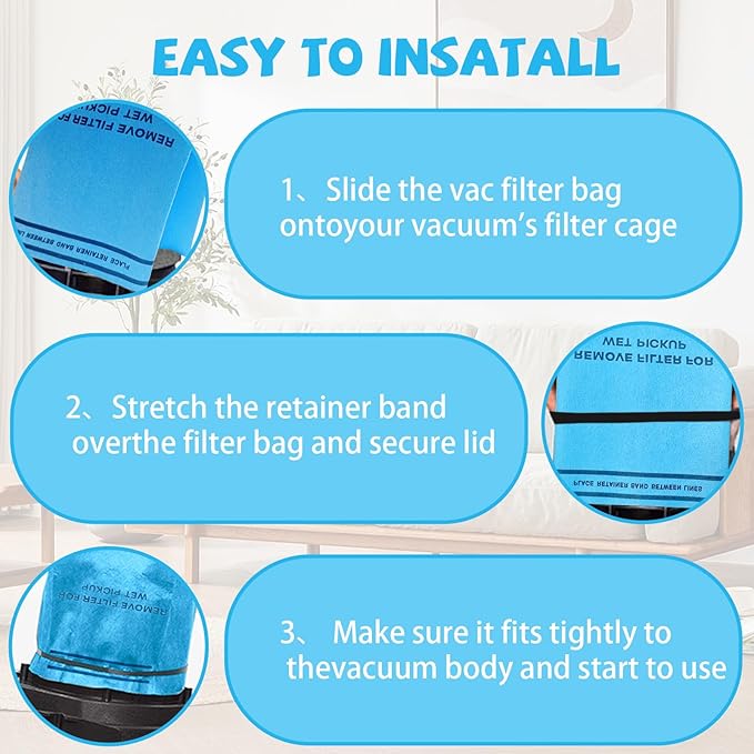 12 Pack 38737 Dust Filter Bags Replacement for Craftsman 2 to 2.5 Gallon Wet/Dry Vacuums and Powerhead Bucket Vac, with 3 Retaining Bands Blue, Part# 9-38737/CMXZVBE38737, WORKSHOP, WS01025F2, VF2000