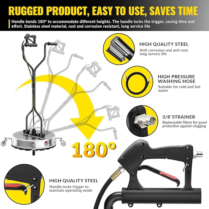 24''Pressure Washer Surface Cleaner,4500PSI Power Washer Surface Cleaner Attachment with Wheels,Dual Handle,Stainless Steel Housing, 3/8''Quick-Connect for Driveway Sidewalk Curb Deck Patio Cleaning