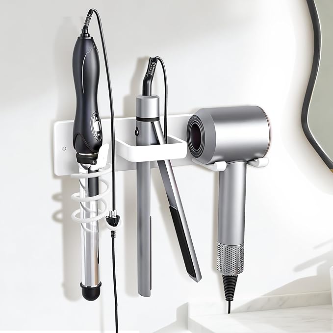 Blow Dryer Holder Wall Mount, 3 in 1 Bathroom Hair Tool Organizer with Curling Iron Holder & Flat Iron Holder, Universal Hair Dryer Holder Rack Storage White