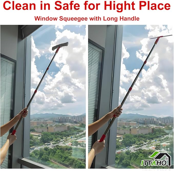 ITTAHO Squeegee for Window Cleaning, 12" Squeegee and 11" Microfiber Scrubber Combi with Stainless Steel Pole, Extendable Window Cleaner for Car, Sliding Door, Shower Glass Door-Swivel Style-2 Pads