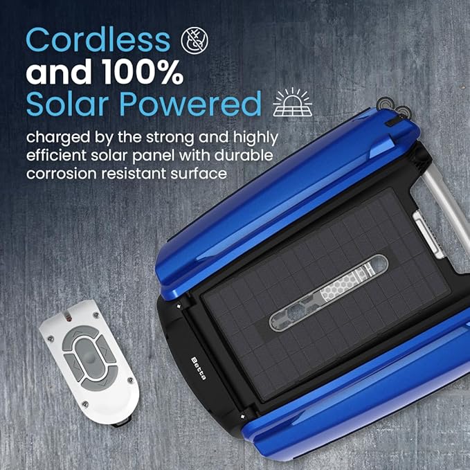 Betta SE Solar Powered Automatic Robotic Pool Surface Skimmer Cleaner with 24/7 Continuous Cleaning Battery Power and Re-Engineered Twin Salt Chlorine Tolerant Motors (Blue)