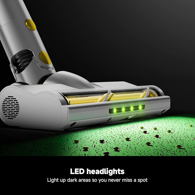 Cordless Vacuum Cleaner for Home, Powerful Stick Vacuum with Rechargeable Battery, Green Light Anti-Tangle Brush, 6-in-1 Lightweight Handheld Vacuum for Pet Hair, Hard Floor, Carpet, Yellow