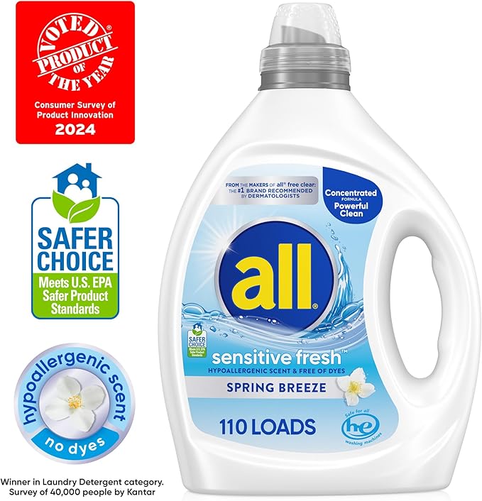 all sensitive fresh™, Spring Breeze, Scented Liquid Laundry Detergent for Sensitive Skin, Hypoallergenic, Free of Dyes, Concentrated, 82.5oz, 110 Loads