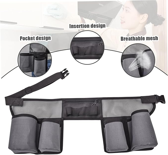 Naisicore Window Cleaning Belt, Nylon Mesh Window Washing Belt with 4 Pockets, Adjustable Tool Pouch, Bottle Holster, Portable Gardening Belt for Housekeeping, Cleaning, Black Grey