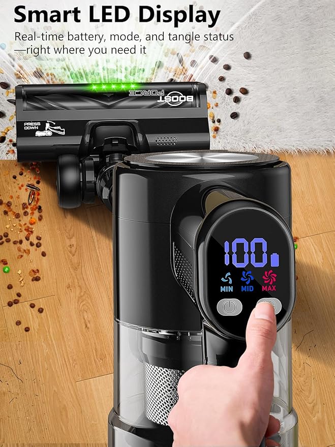 Cordless Vacuum Cleaner, 46Kpa/55 Mins Vacuum Cleaners for Home, Self-Standing Stick Vacuum with Rechargeable Dock,LED Display & Anti-Tangle,Lightweight Vacuum for Carpet,Floor (Pure Black)