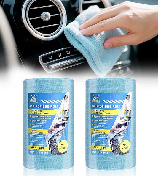 150 Pack Microfiber Cleaning Cloth Roll, XINDELL 12"x12" Tear-Off Lint-Free Towels for Car Detailing, Auto Window & Interior Cleaning Cloths – Ultra Absorbent, Scratch-Free, Blue