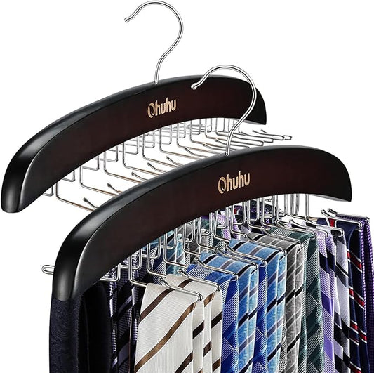Tie Rack Hanger for Closet: Ohuhu 2 Packs 24 Folding Hooks Tie Hangers for Men Wooden Tie Holder Organizer Space Saving Necktie Storage 360 Degree Rotating Ties Belts Scarves Tank Tops-Walnut