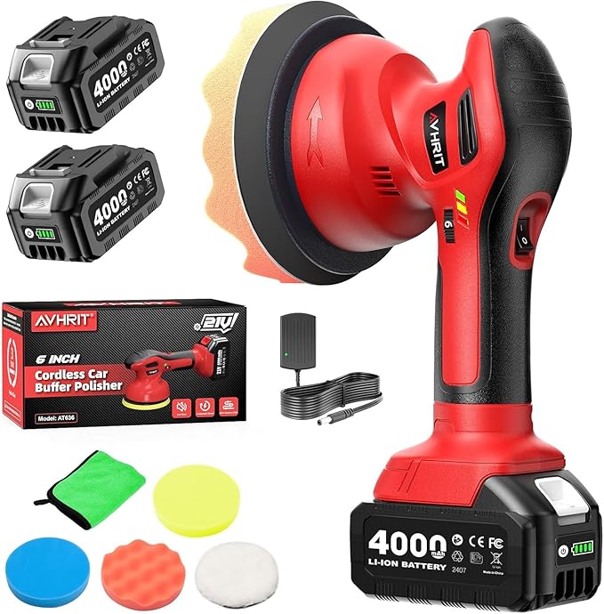 6 Inch Cordless Car Buffer Polisher: 2x4000mAh Batteries Car Buffer, Car Waxer Kit with 8 mm Orbit Block & 6 Speed Control (2500-6000 RPM) - for Car/Boat Detailing, Scratch Removal and Waxing