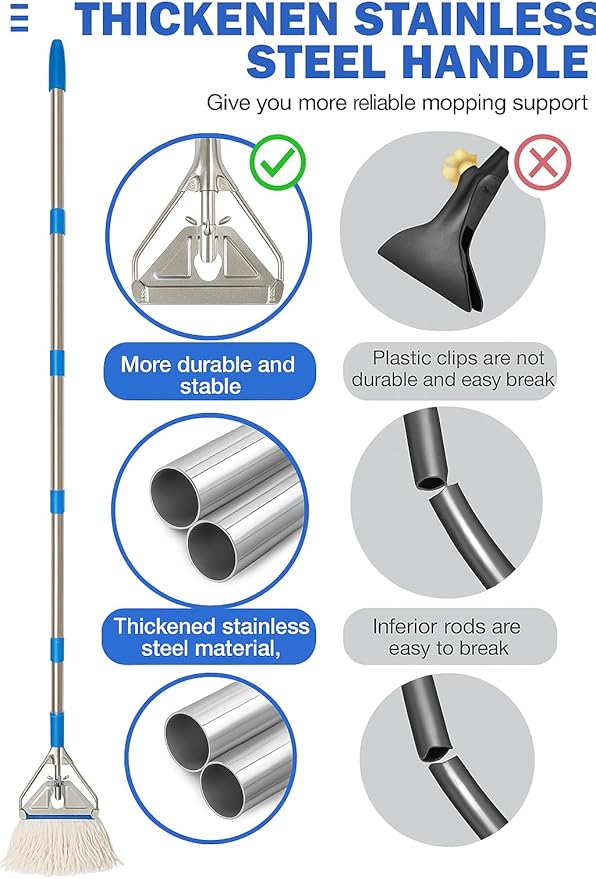 Heavy‑Duty Looped‑End String Wet Mop with Extra Mop Head – 59″ Stainless Steel Pole, Large 450 g Cotton Yarn Head for Commercial & Industrial Cleaning, with Extra Mop Head
