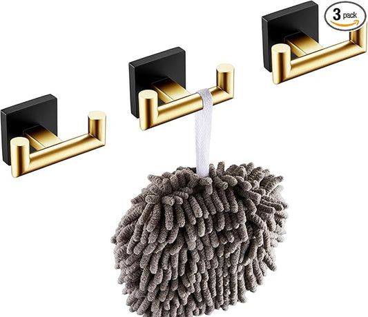 KOKOSIRI Robe Hooks Bath Towel Hooks Bathroom Hardware Double Coat Hooks Wall Mounted, Stainless Steel 3 Pack Black with Gold B1015GDK-P3