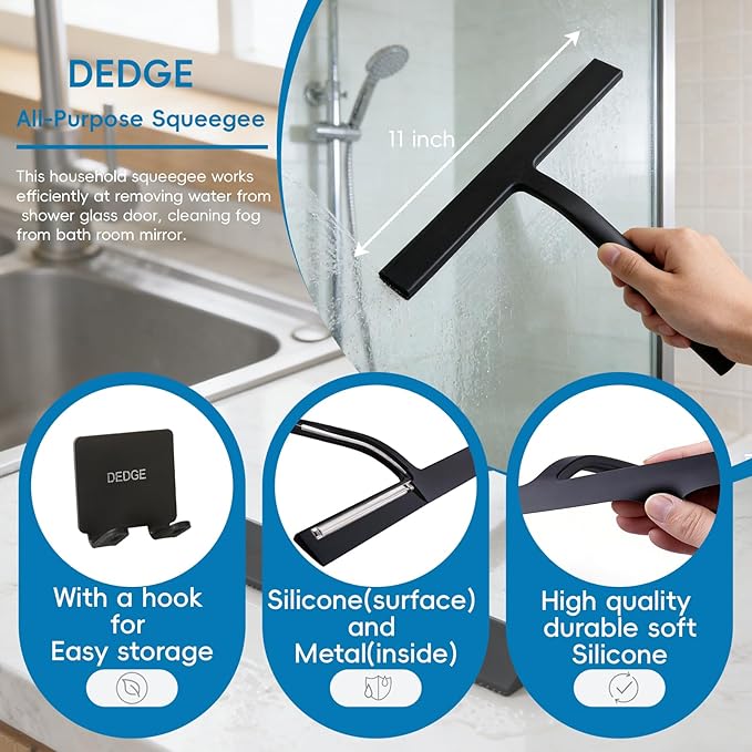 DEDGE Shower Squeegee Window Glass Wiper Scraper Cleaner with Silicone Blade for Bathroom/Kitchen/Car Glass/Mirror/Door 11-Inch (with Hook)