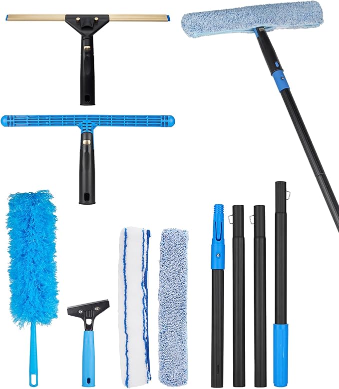 Swivel Squeegee Kit with 4 Extension Poles,Glass Scraper, Bendable Duster, 2 Window Scrubber Cloth for Glass, Car, Floor, Home,Garden