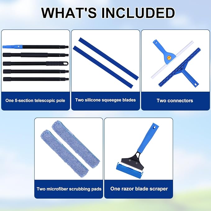 3-in-1 Professional Window Squeegee Kit with 2 Squeegee, 2 Microfiber Scrubber, 1 Razor Scraper, Thick Iron, 77.5" Window Squeegee with Extension Pole for Car, Glass, Mirror, Wall, Bathroom, Home, Van
