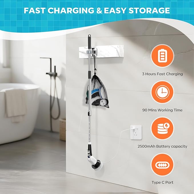 YKYI Electric Spin Scrubber-Cordless Power Scrubber with 8 Brush Heads, 3 Speeds & Adjustable Long Handle, IPX7 Waterproof Shower Cleaning Brush for Bathroom Tile, Bathtub, Grout, Kitchen(White)