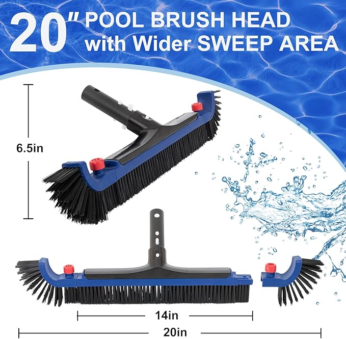POOLAZA 20'' Pool Brush, Curved Ends Pool Brush Head for Inground Pools with BPT Bristles & EZ Clip, Premium Pool Brushes for Cleaning Pool Walls & Floors, Heavy Duty High-Efficiency Pool Scrub Brush