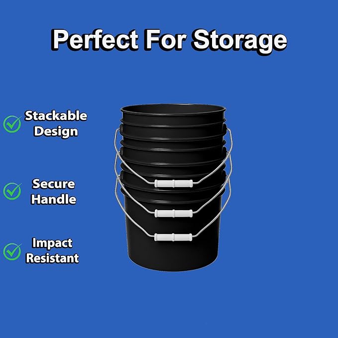 2-Gallon Bucket with Airtight Lid – Heavy-Duty Extra Durable Pail – Made in USA – Premium Quality HDPE – Food Grade – BPA Free – Metal Handle with Plastic Grip – Stackable – Multi-Use – Black, 6 Pack