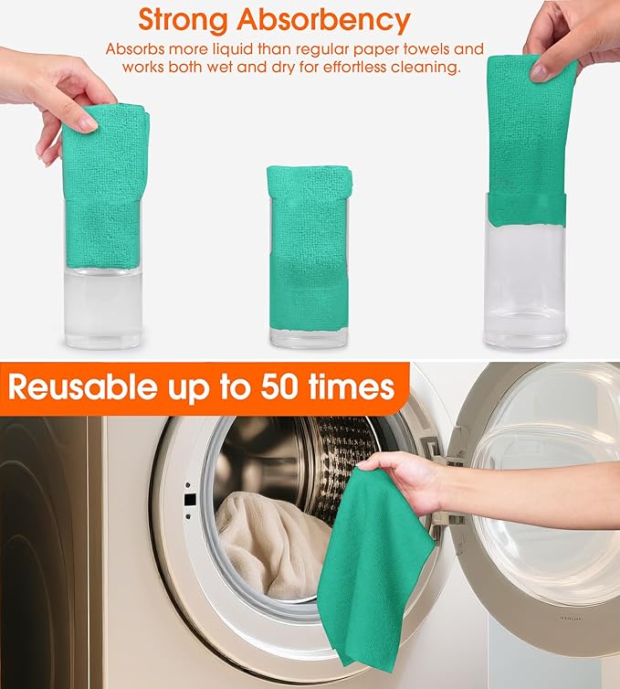 Microfiber Cleaning Cloth Roll–100 Pack, Tear Away Microfiber Towels, Reusable, Washable, Scratch-Free, Kitchen Towels for Car, Home, Kitchen, Glass, Dishes (Malachite Green)
