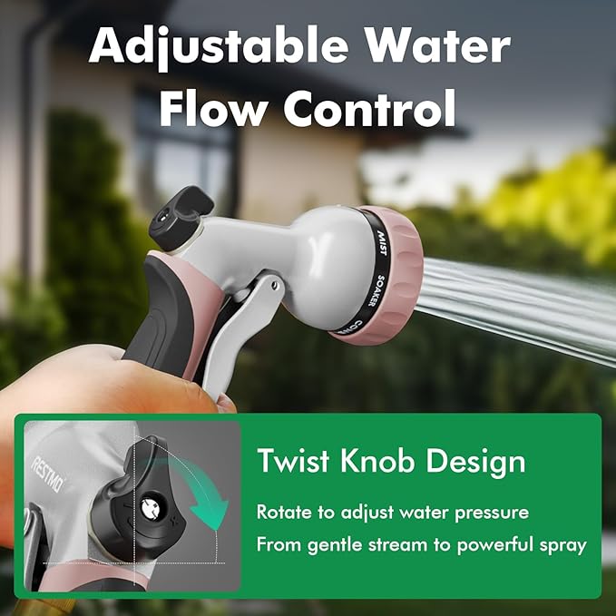 RESTMO Garden Hose Nozzle, Heavy Duty Water Hose Nozzle with 7 Adjustable Spray Patterns, High Pressure Hand Sprayer with Flow Control, for Watering Plants & Lawns, Washing Cars & Pets, Rose Gold