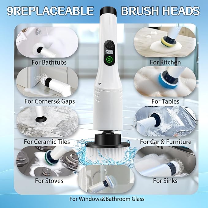 Spin Scrubber,9-In-1Multifunctional Cleaning Brush with Detachable Handle,9 Replaceable Brush Heads&LCD Display,Rechargeable Electric Spin Scrubber for Bedroom,Bathroom,Kitchen,Car