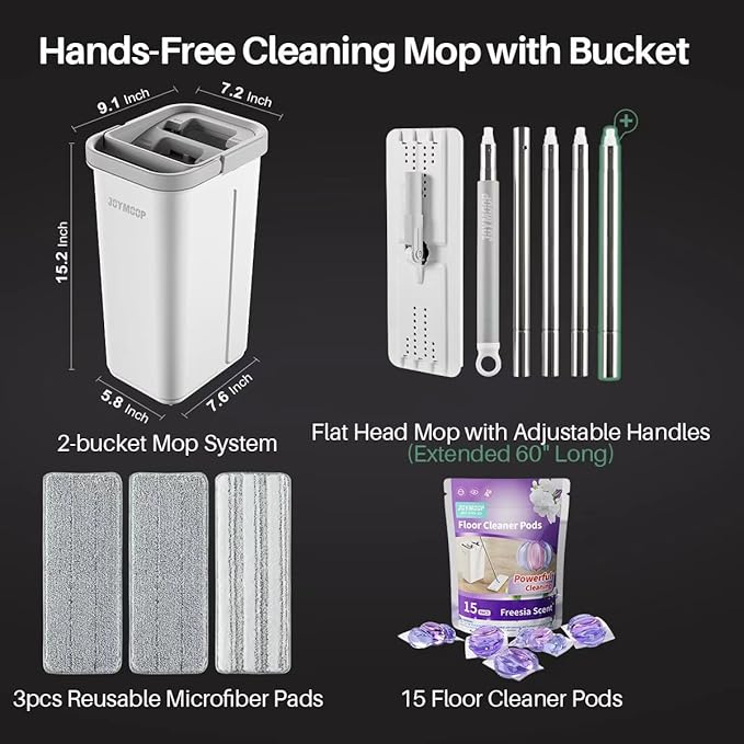 JOYMOOP Mop and Bucket Set with Floor Cleaner Pods,Flat Mop and Bucket System with 3 Reusable Microfiber Mop Pads,Freesia Scent Mop Soap Pack of 15 for Floor Cleaning