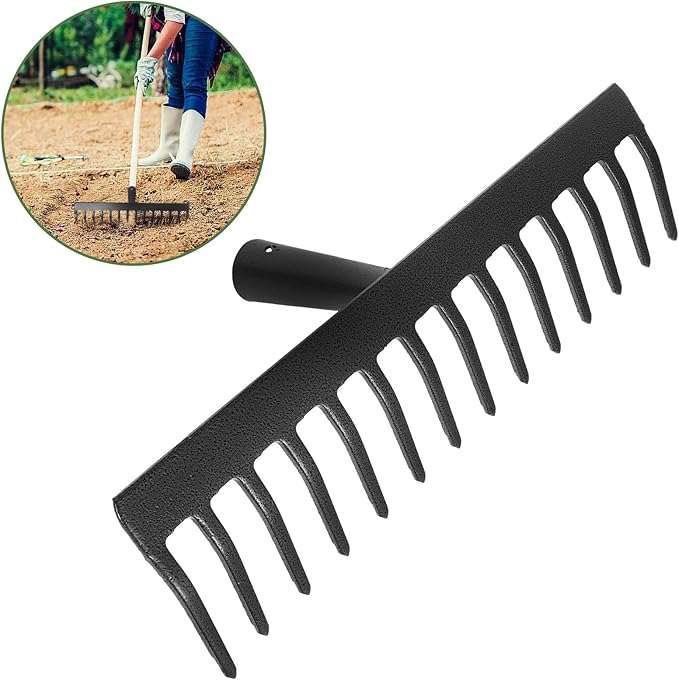 Kisangel 14-Teeth Steel Garden Rake for Lawn and Leaf Cleanup, Sturdy Metal Weeding Tool with Wide Head, Practical Garden Cleaning Equipment for Home and Farm Use Random Style