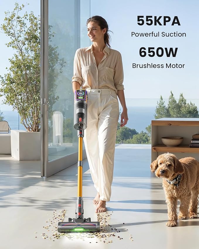 Cordless Vacuum Cleaner,55KPa 650W 65Mins Vacuum Cleaners for Home,Stick Vacuum with LED Display Anti tangle Brush and Self Standing Design,Vacuum Cleaner for Hardwood Floors,Carpet,Pet Hair,Car