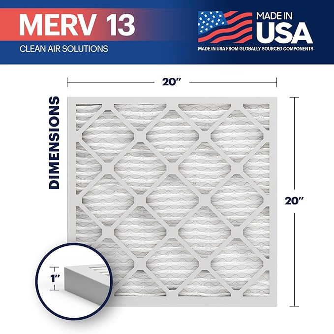 BNX 20x20x1 MERV 13 Air Filter 2 Pack - MADE IN USA - Electrostatic Pleated Air Conditioner HVAC AC Furnace Filters - Removes Pollen, Mold, Bacteria