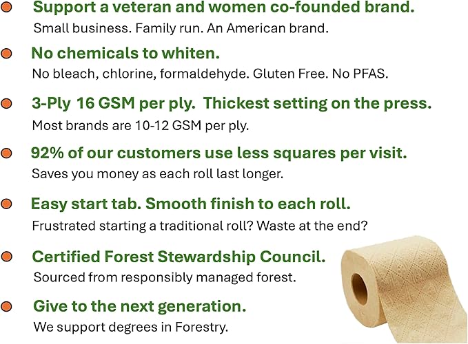100% Bamboo, thick 3-ply toilet paper, tree-free, unbleached, sustainable, 300 sheets per roll (TP 16)