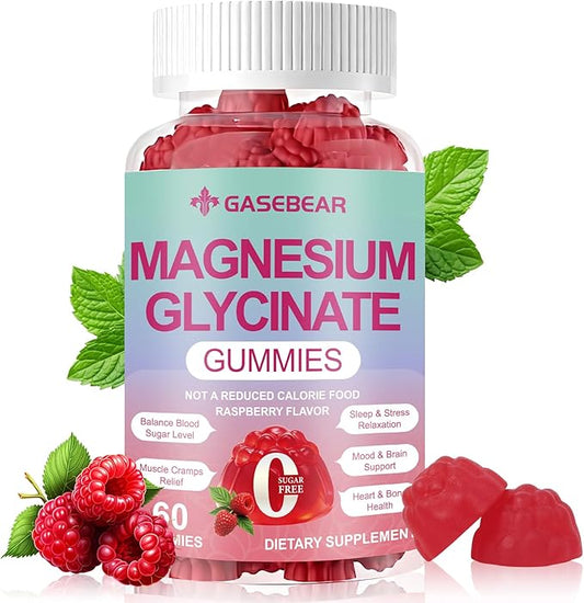 Magnesium Glycinate Gummies 400mg, Sugar Free Vegan Magnesium Supplement for Adults & Kids with L-threonate, B6, Tryptophan & Omega-3 for Sleep, Muscle & Calm Support, 60 Raspberry Chewables