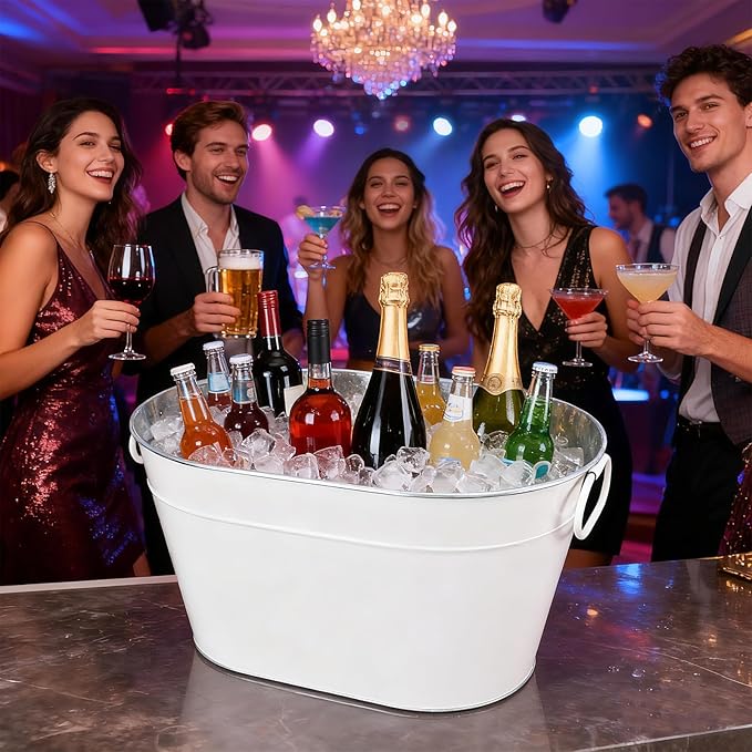 2PCS Galvanized Tub Ice Bucket for Parties, Thick Metal Galvanized Drink Buckets, Beverage Bucket with Handles, Drink Bucket for Indoor & Outdoor Party (White)