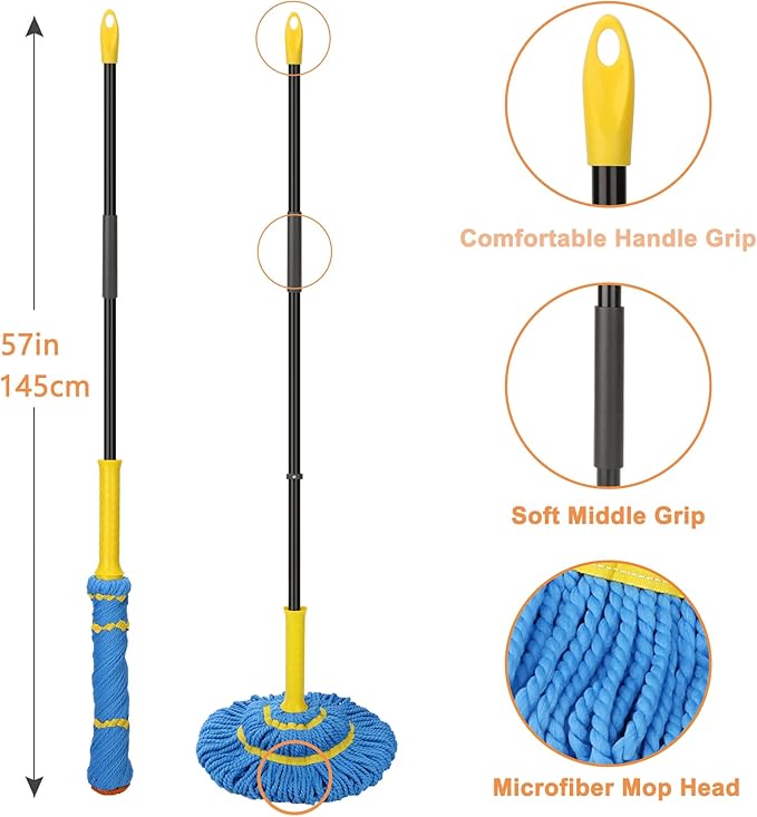 Self-Wringing Twist Mops with 1 Extra Refill, Microfiber Mops for Floor Cleaning with 57 " Long Handle, Easy Wringing Floor Mop for Hardwood Commercial Household Clean (1 Handle & 2 Mop Heads)