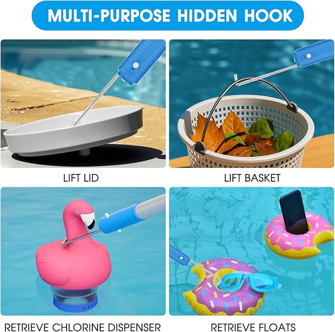 Pool Brush Set - 20’’ 2-in-1 Detachable Round Brush with Extra Side Brush for Cleaning Hard-to-Reach Corners, 9 FT Aluminum Extended Pool Pole with Hidden Hook Retriever