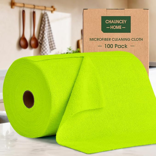 Microfiber Cleaning Cloth Roll - 100 Pack Tear Away Microfiber Paper Towels, Reusable, Washable, Scratch-Free, Kitchen Towels for Car, Home, Kitchen, Glass, Dishes (Neon Green)