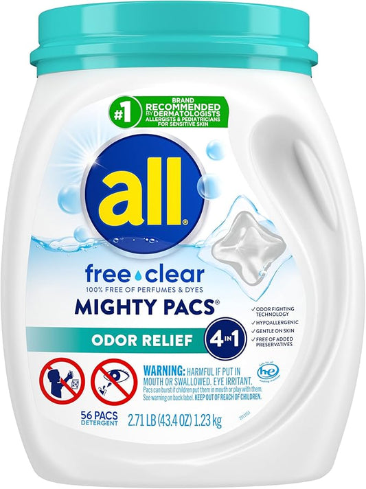 All Mighty Pacs Laundry Detergent Free Clear Odor Relief, Tub, 56 Count