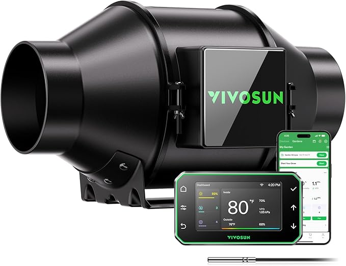VIVOSUN G4 4" Inline Duct Fan & Temperature Humidity Controller, E42A+ WiFi-App Control AeroZesh Grow Tent Fan& Smart Thermostat, 195 CFM EC Motor Exhaust Fan for Heating Cooling, Greenhouse Accessory