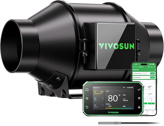 VIVOSUN G4 4" Inline Duct Fan & Temperature Humidity Controller, E42A+ WiFi-App Control AeroZesh Grow Tent Fan& Smart Thermostat, 195 CFM EC Motor Exhaust Fan for Heating Cooling, Greenhouse Accessory