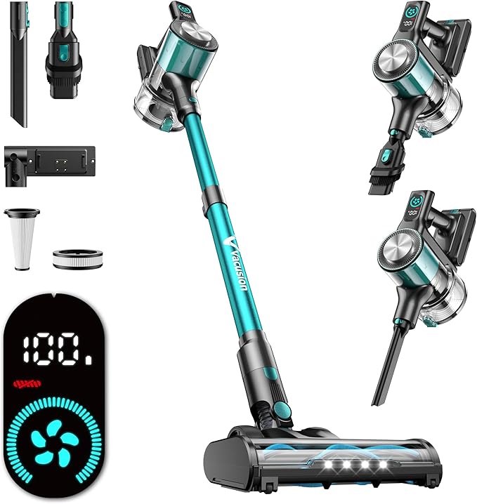 Cordless Vacuum Cleaner, 8-in-1 Cordless Stick Vacuum Cleaner with 3 Suction Modes, Up to 45mins Runtime, Rechargeable, Self-Standing, Vacuum Cleaners for Home Pet Hair Carpet Car Hard Floor, Green