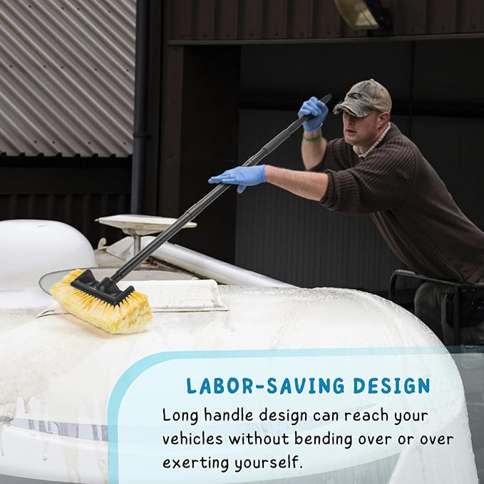 Car Wash Brush with Long Handle, 58.5'' Soft Bristle Cleaning Tool for Truck Exterior, RV, Boat, Solar Panel, Deck Washing, 2 Wax Applicator Pads Included