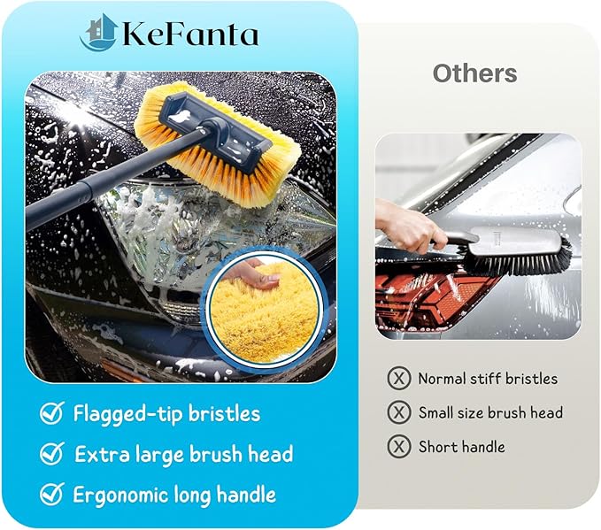 Car Wash Brush with Long Handle, 58.5'' Soft Bristle Cleaning Tool for Truck Exterior, RV, Boat, Solar Panel, Deck Washing, 2 Wax Applicator Pads Included