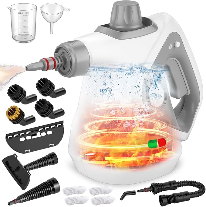 Handheld Steam Cleaner for Home, Pressurized Portable Steamer for Cleaning with 15 Accessories for Multi-Surface Cleaning, Floors, Tiles, Grout, Kitchen, Bathroom, Couch & Car